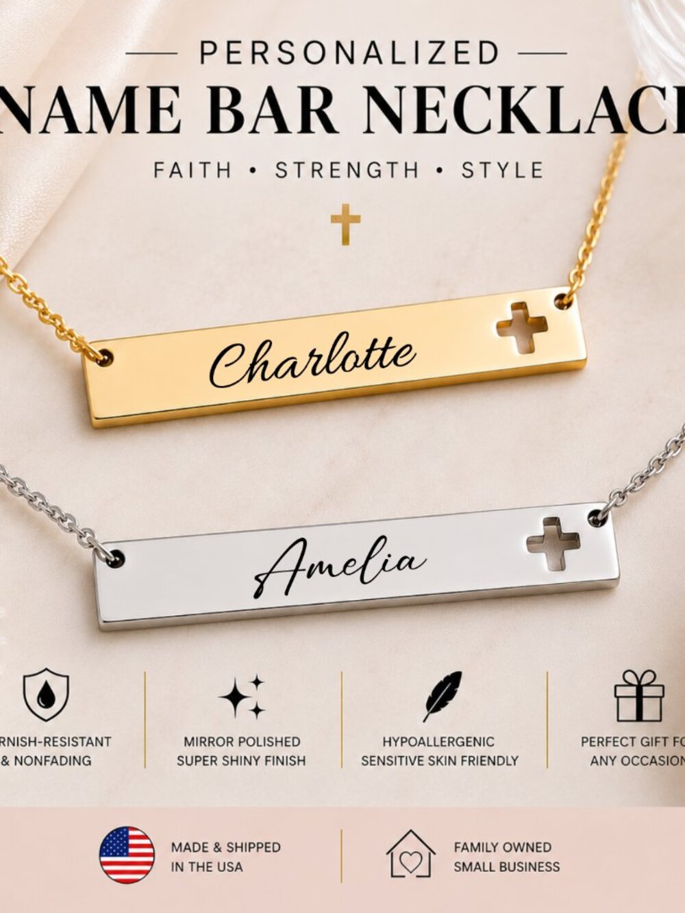 14k Gold Personalized Name Bar Necklace | Engraved Christian Jewelry, Faith Gift